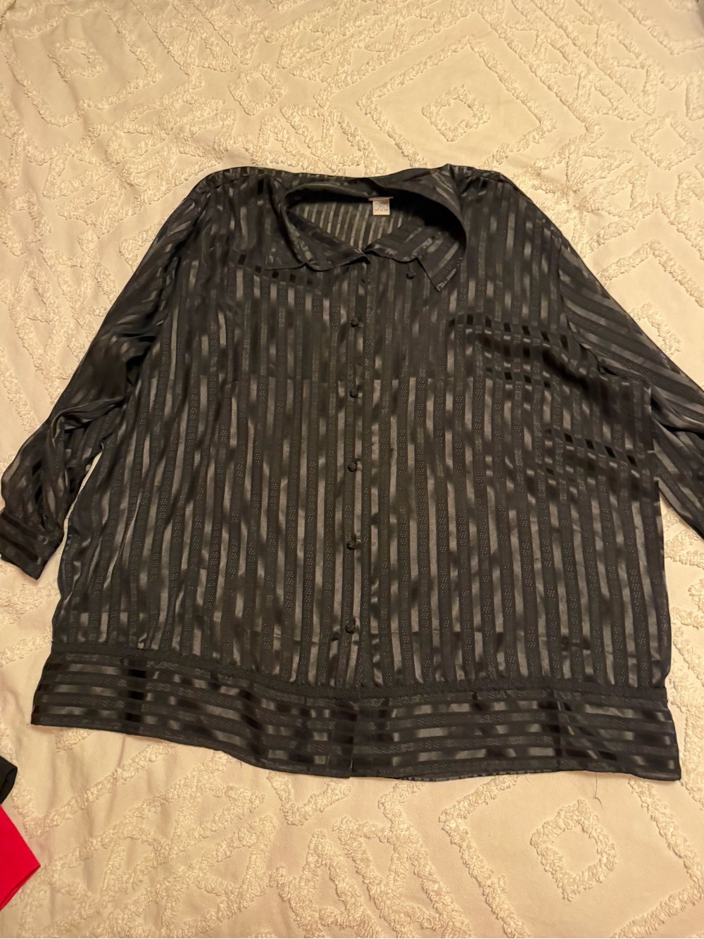 Vintage Kathryn Deene Plus-Size Black Sheer Stripe Button-Down Blouse